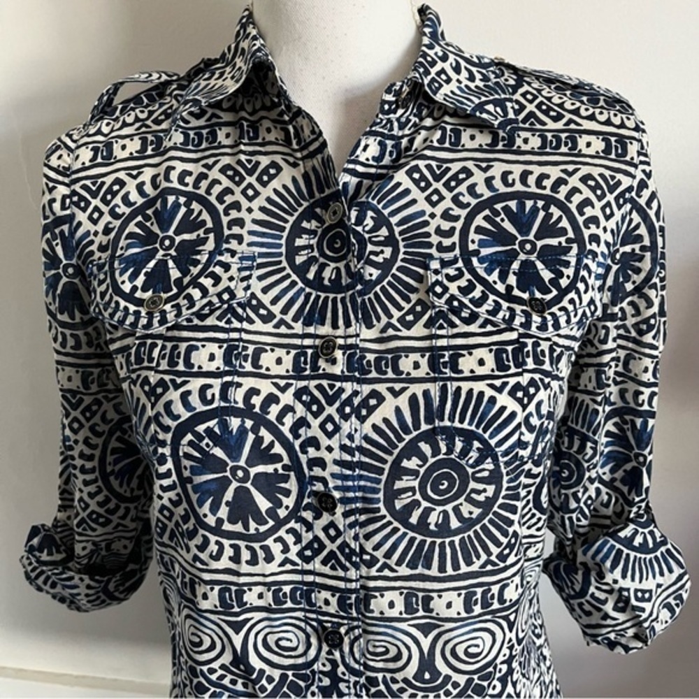 Tory Burch • Blue White Button Front Patterned Bl… - image 2